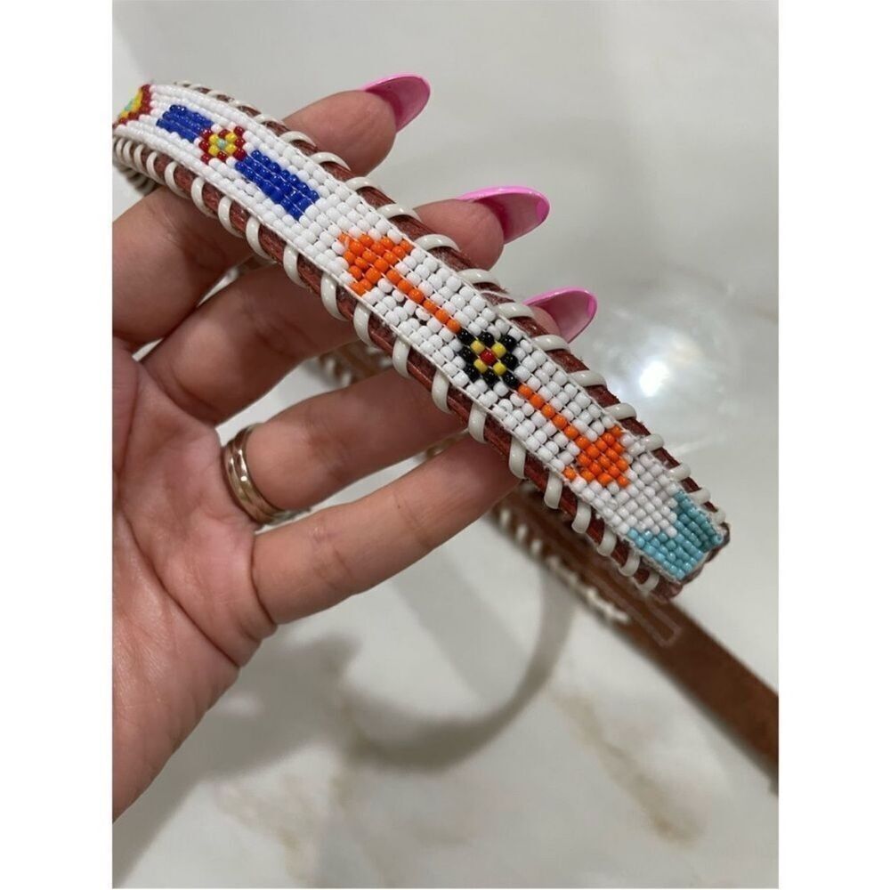 Vintage Beaded Leather Belt Western Native American Thunderbird size small - Picture 4 of 7